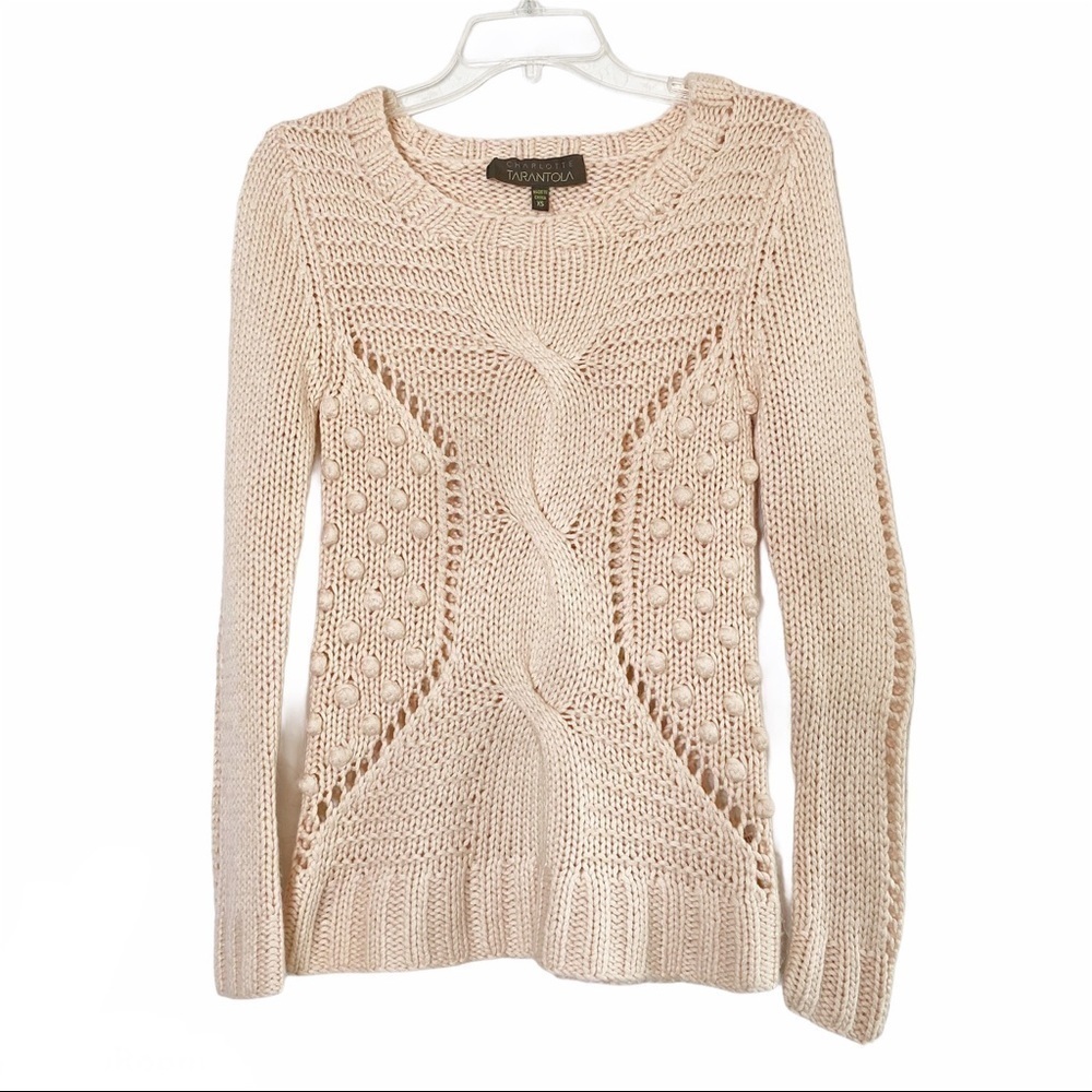 Charlotte Tarantola pompon Pink Wool Blend cable Open Knit Sweater Size XS